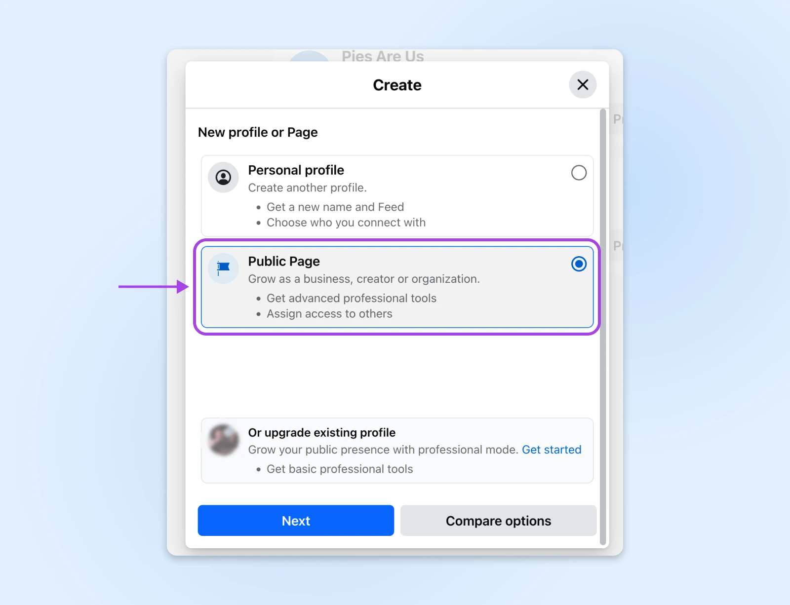 Facebook creation menu showing three options: personal profile, public page highlighted by arrow, and profile upgrade mode