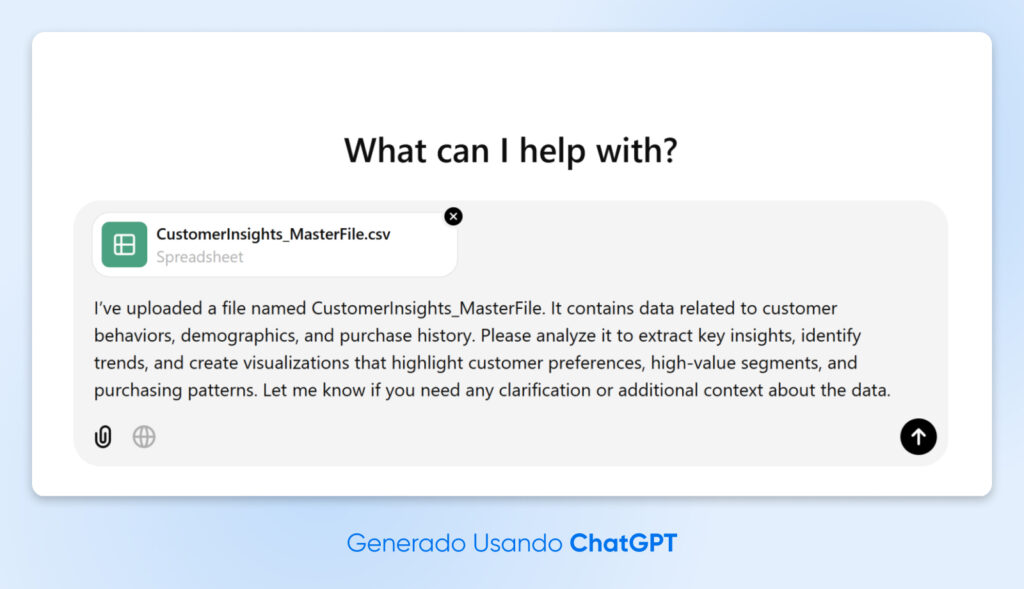 Ejemplo de ChatGPT con un archivo CSV subido llamado "CustomerInsights_MasterFile" y el usuario pidiendo a ChatGPT analizar y extraer los conocimientos clave.