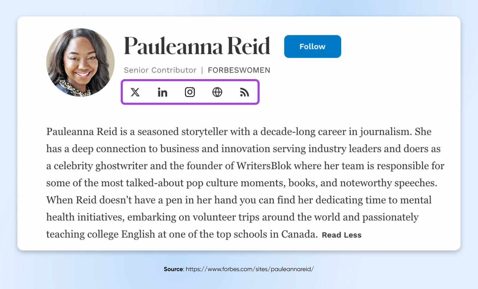 Forbes contributor profile showing social media icons highlighted in purple, with title Senior Contributor at ForbesWomen