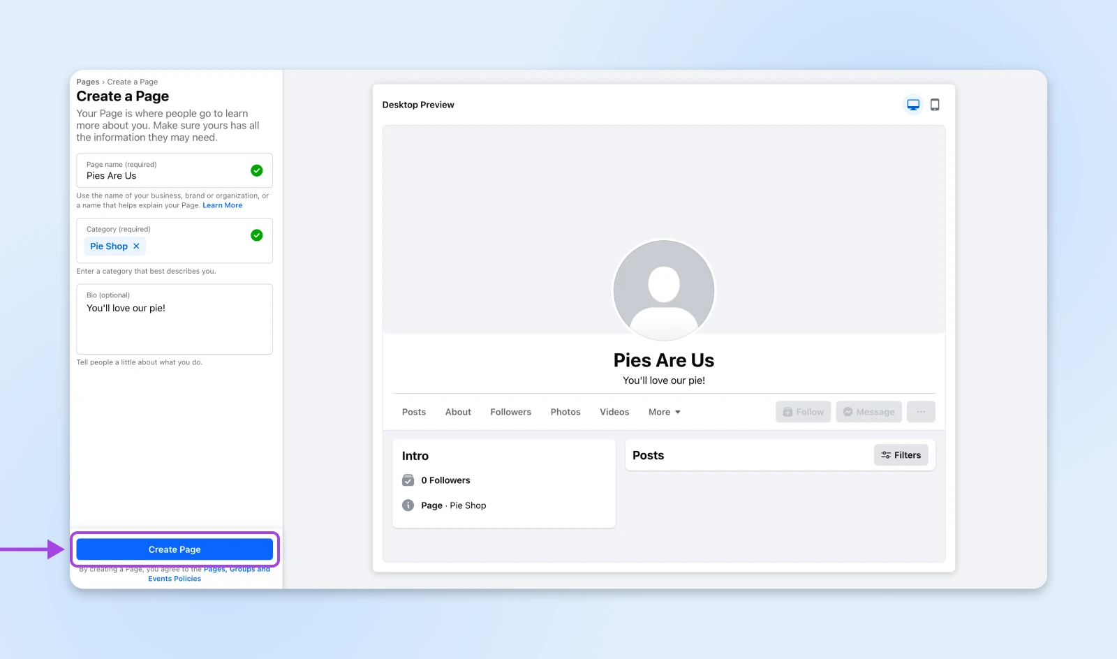 Facebook page creation form showing setup fields and live preview for 'Pies Are Us' with Create Page button highlighted