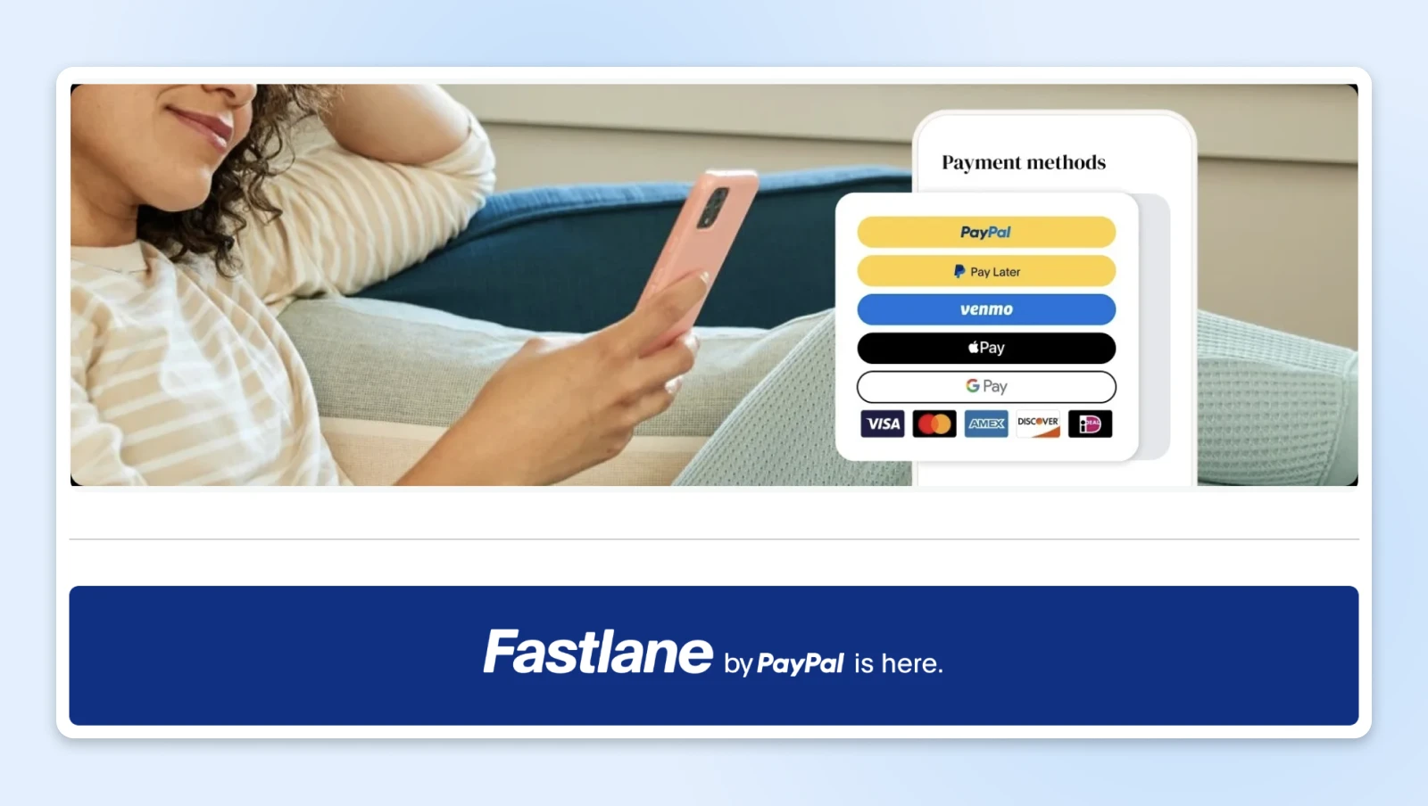 Shopping interface showing multiple payment options, including PayPal, Venmo, and credit cards, with Fastlane by PayPal branding