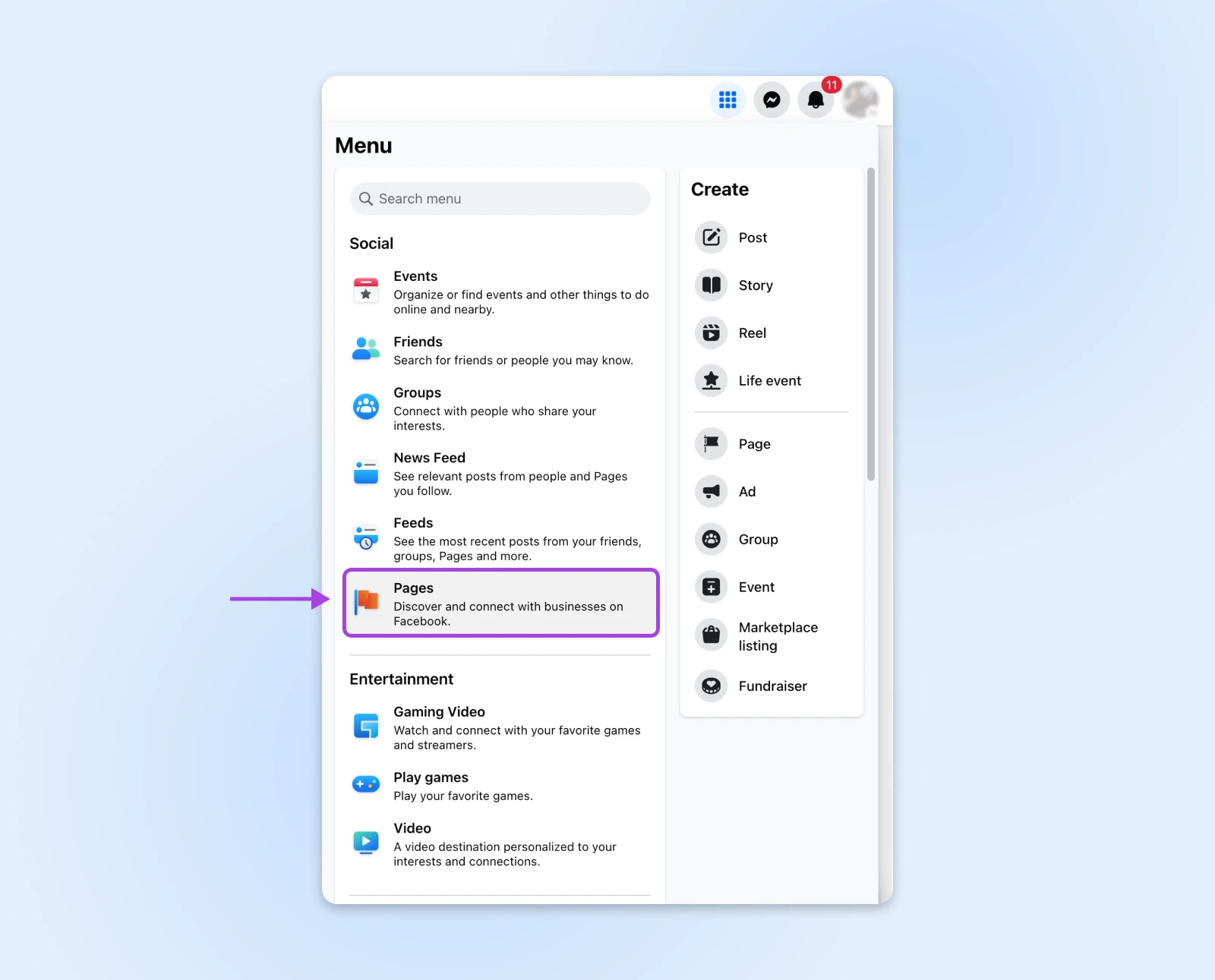 Facebook menu interface showing navigation options and create tools, with purple arrow pointing to Pages section