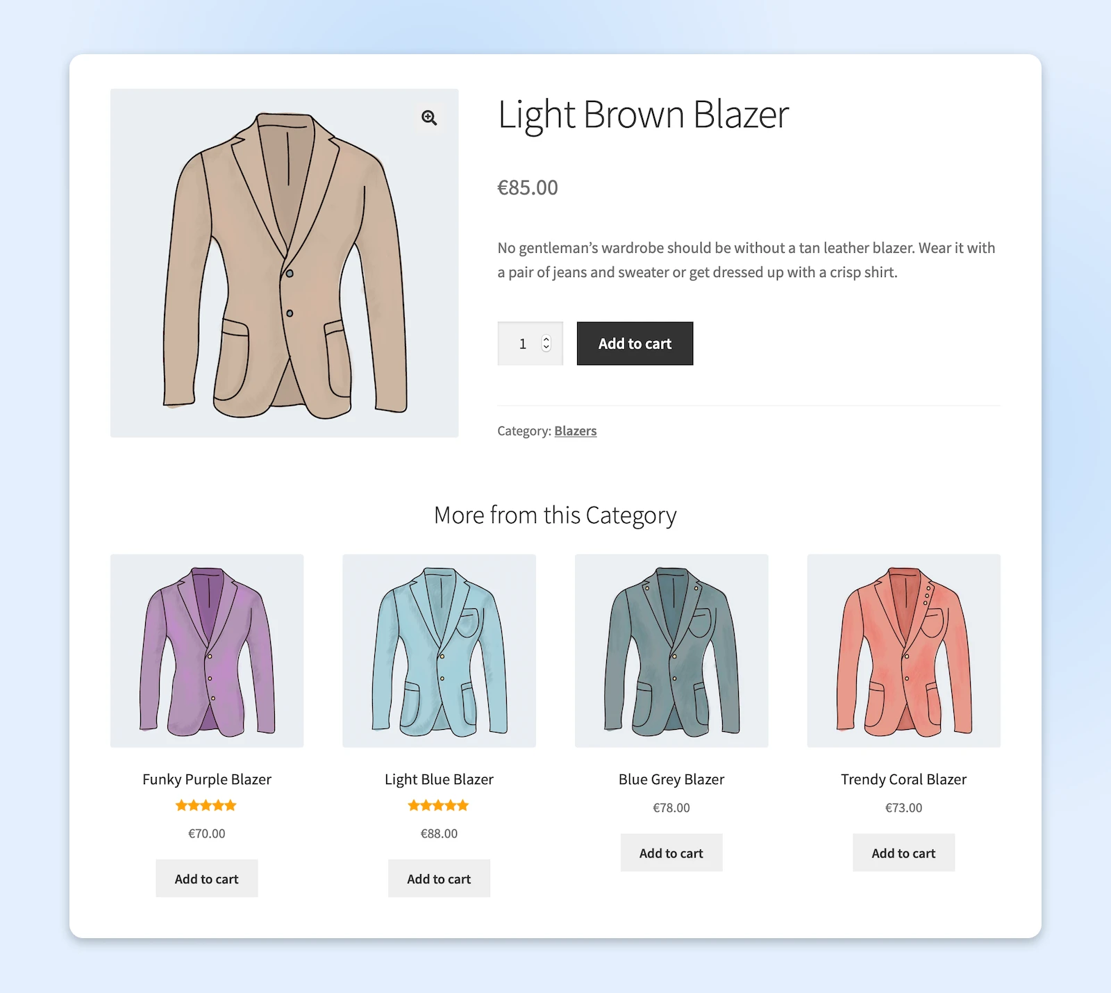 Product page showing a light brown blazer for €85 with related blazers in purple, blue, grey and coral colors below