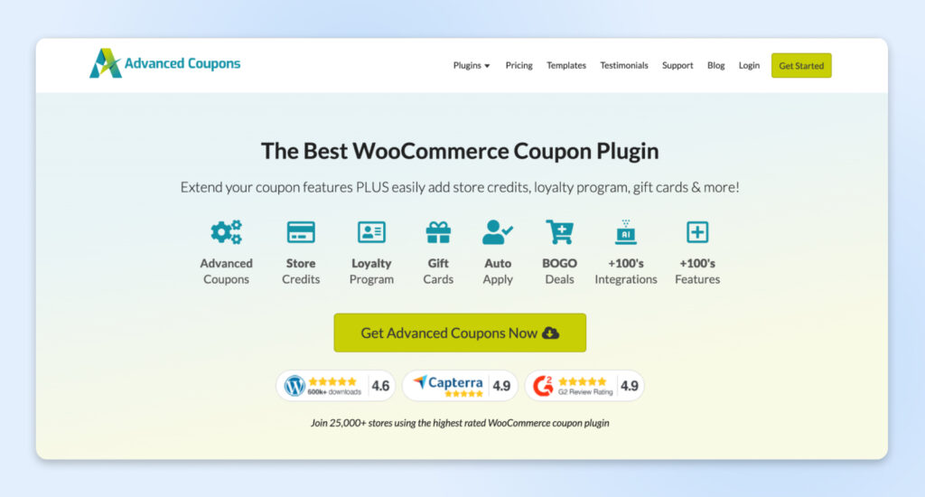 Página de aterrizaje del plugin Advanced Coupons para WooCommerce mostrando características y calificaciones de WordPress, Capterra y G2.