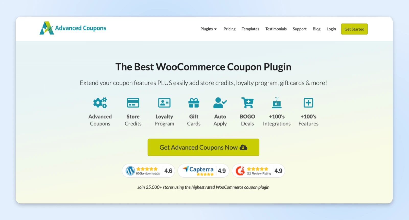 Landing page for Advanced Coupons WooCommerce plugin showing features and ratings from WordPress, Capterra, and G2