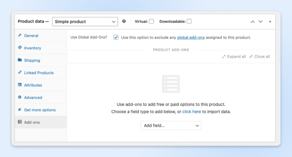 Interfaz de configuración de producto de WooCommerce mostrando el panel de configuración de complementos para un producto simple.