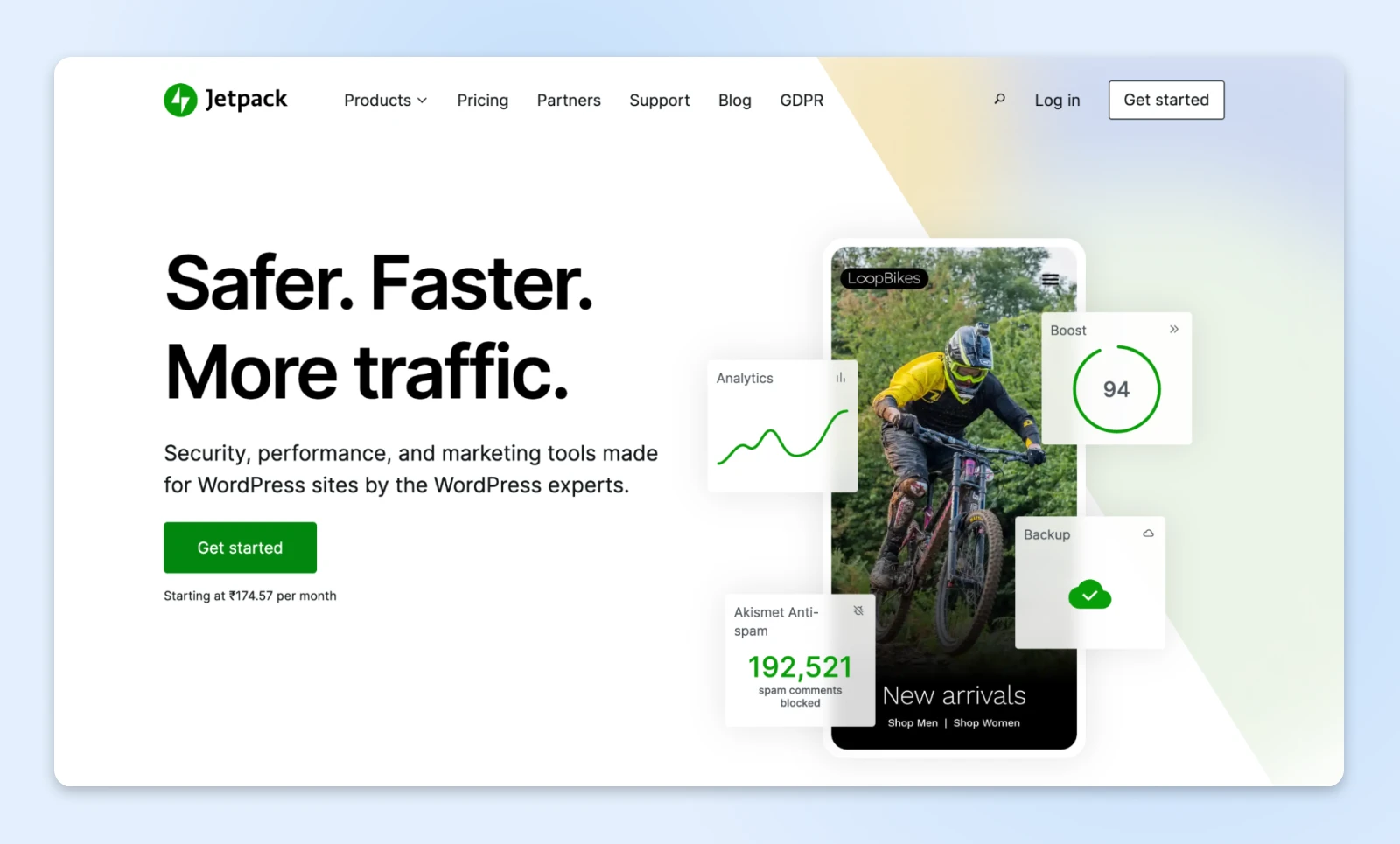 Jetpack WordPress plugin homepage featuring mountain biker image with analytics, performance scores and anti-spam metrics overlay