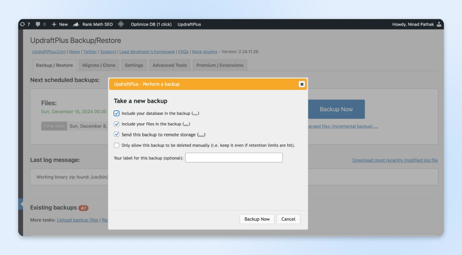 UpdraftPlus WordPress backup plugin interface showing backup configuration dialog with database and file options