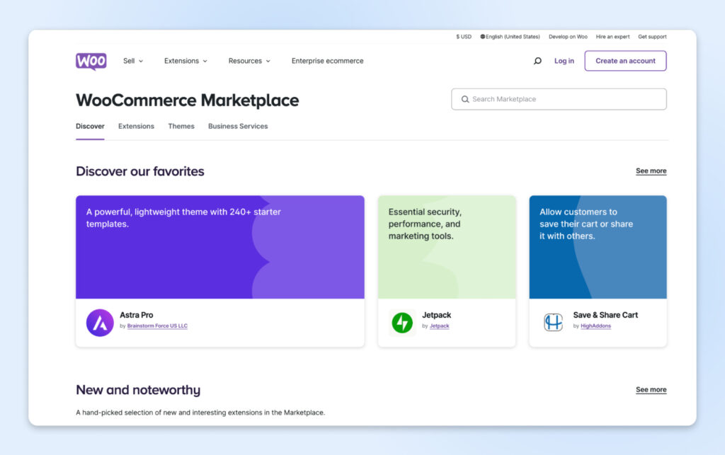  Página de inicio del Marketplace de WooCommerce con el tema Astra Pro, el plugin Jetpack y la extensión Save & Share Cart.