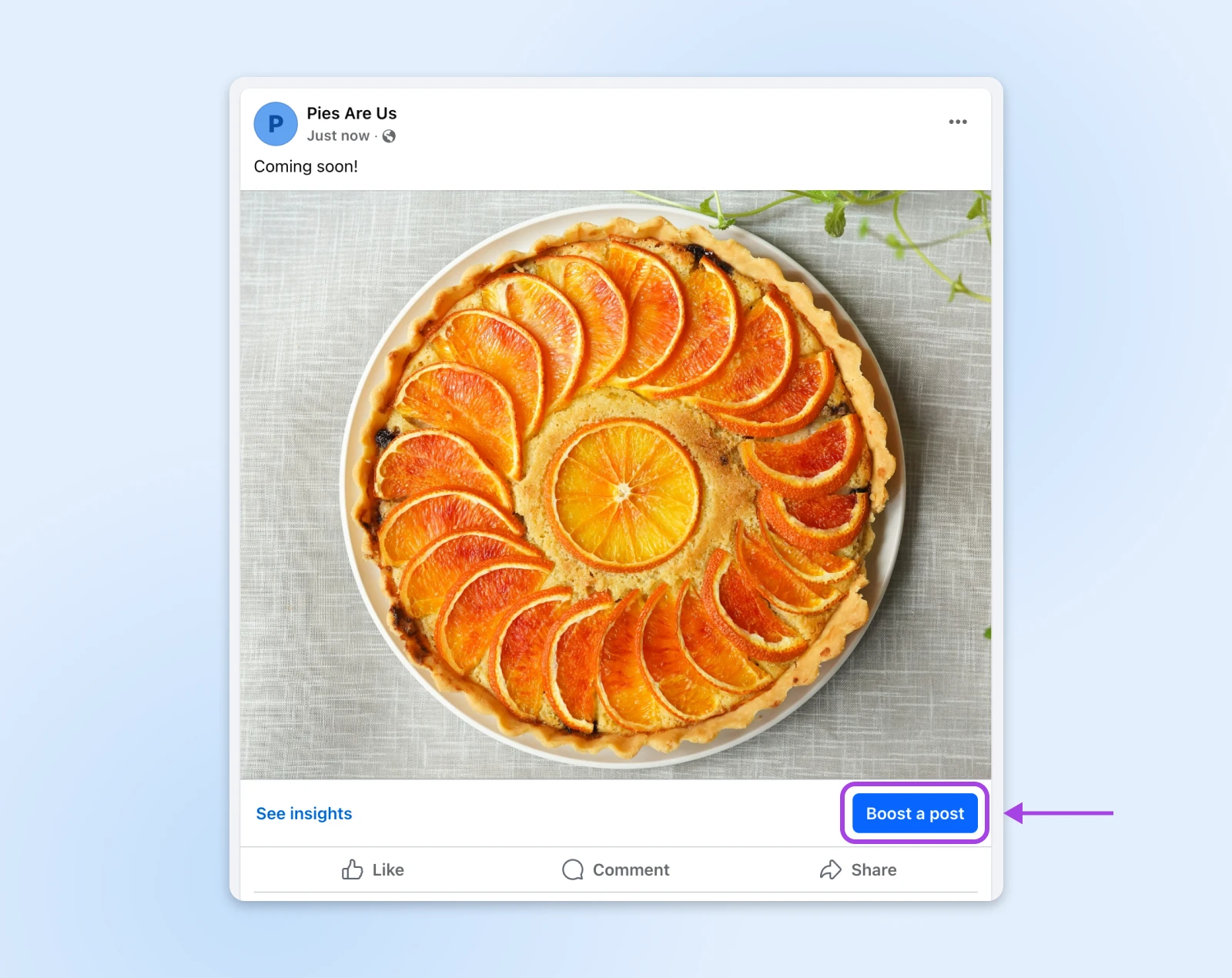 Facebook post showing orange tart with 'Coming soon!' caption and Boost button highlighted