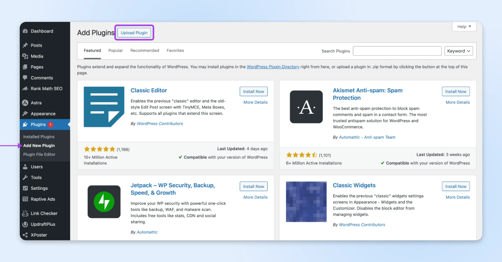 WordPress plugin installation page showing Featured plugins like Classic Editor, Jetpack, and Akismet with ratings and descriptions