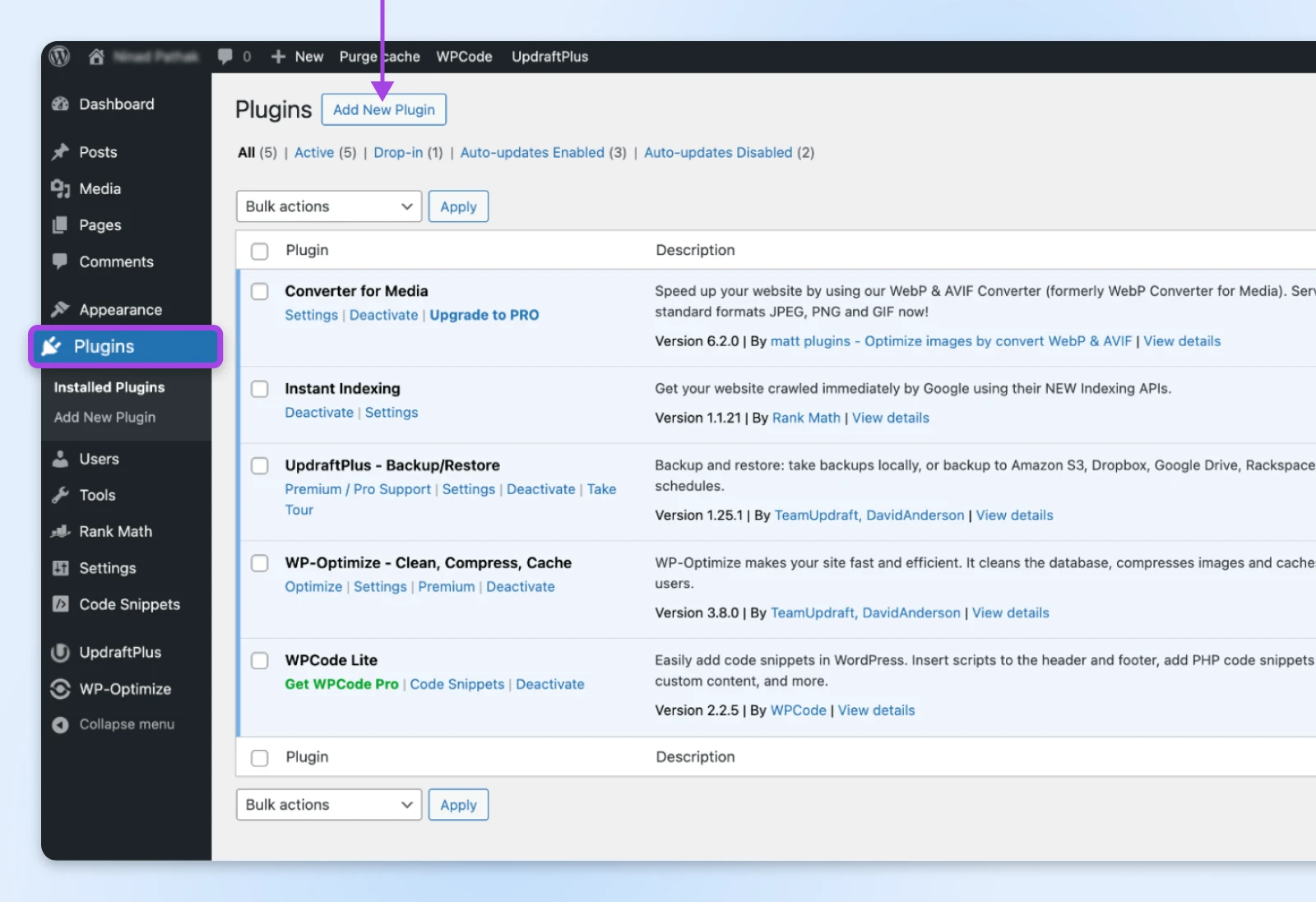 WordPress plugins dashboard showing five installed plugins including WP-Optimize, Converter for Media, and UpdraftPlus with their descriptions and settings