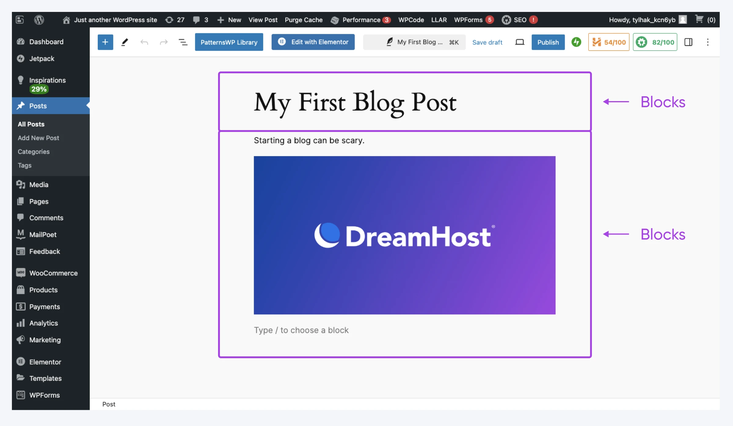 WordPress editor interface highlighting block-based content elements pointing to text and image blocks within a blog post