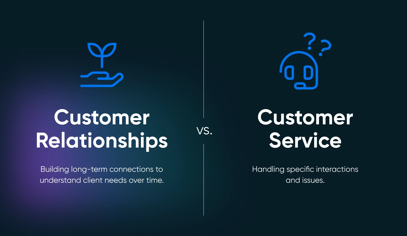 Comparison showing Customer Relationships focuses on long-term connections while Customer Service handles immediate support needs