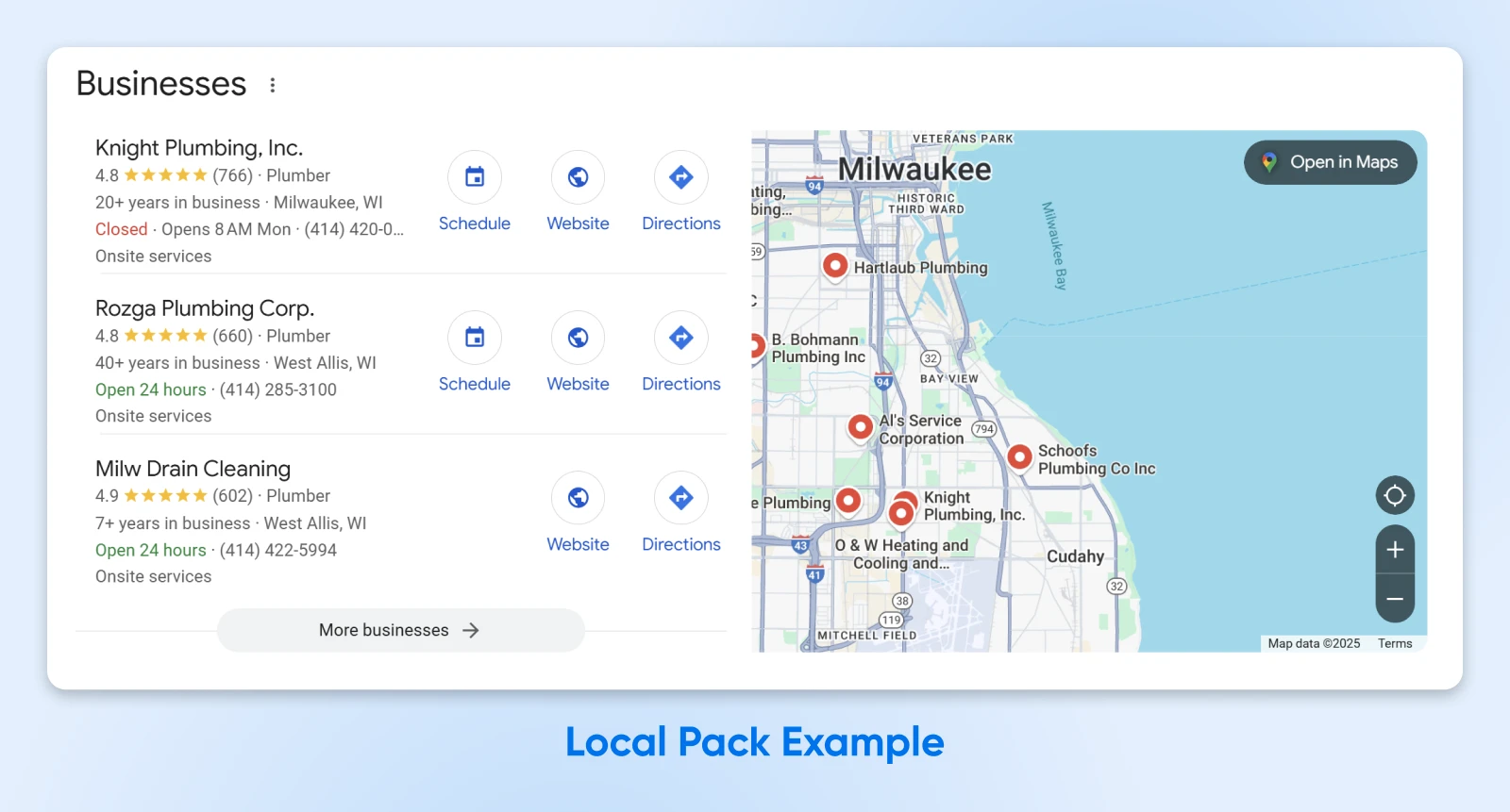 Local search results showing Milwaukee plumbing businesses with ratings, contact info and map locations