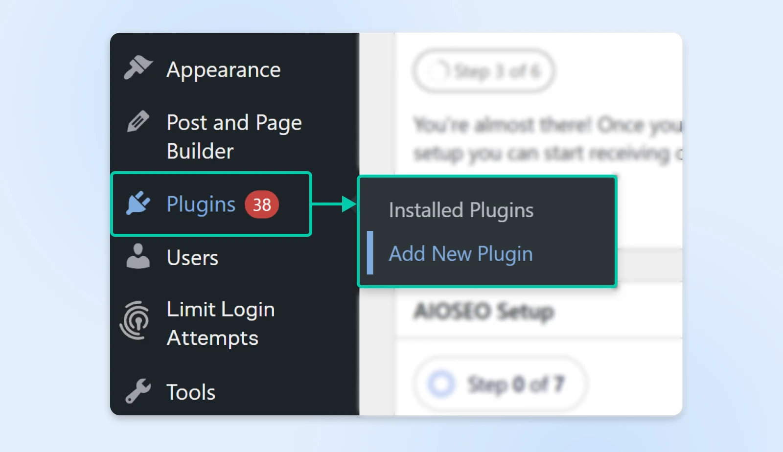 screenshot of WP nav showing plugins option opening up to Add New Plugin