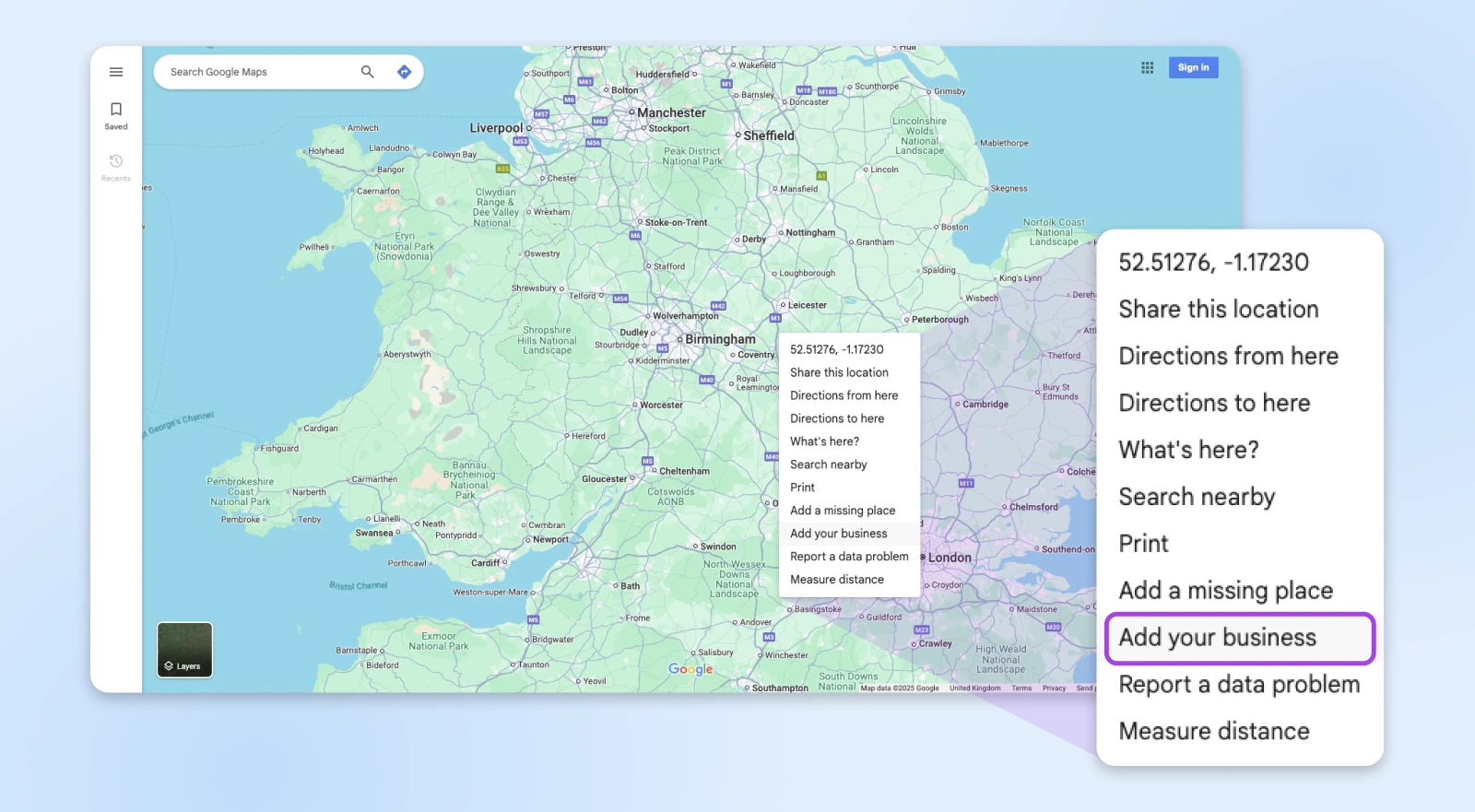 Map interface showing western Ireland, with menu options and location coordinates overlaid on a zoomed-out view