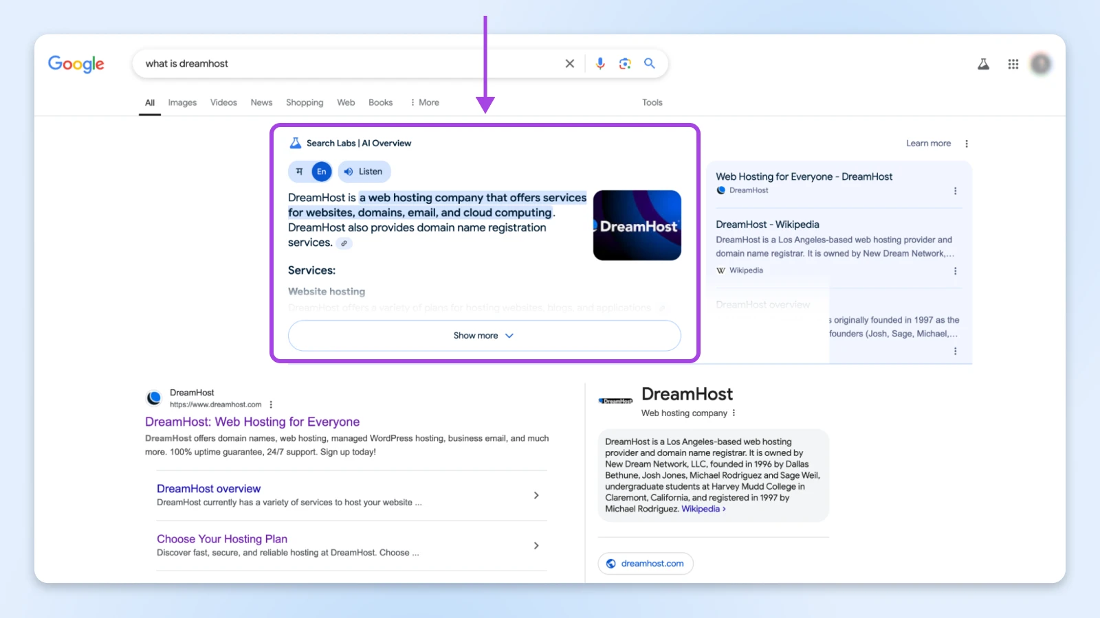 Google search results page highlighting Google's AI Overview feature describing DreamHost's web hosting services