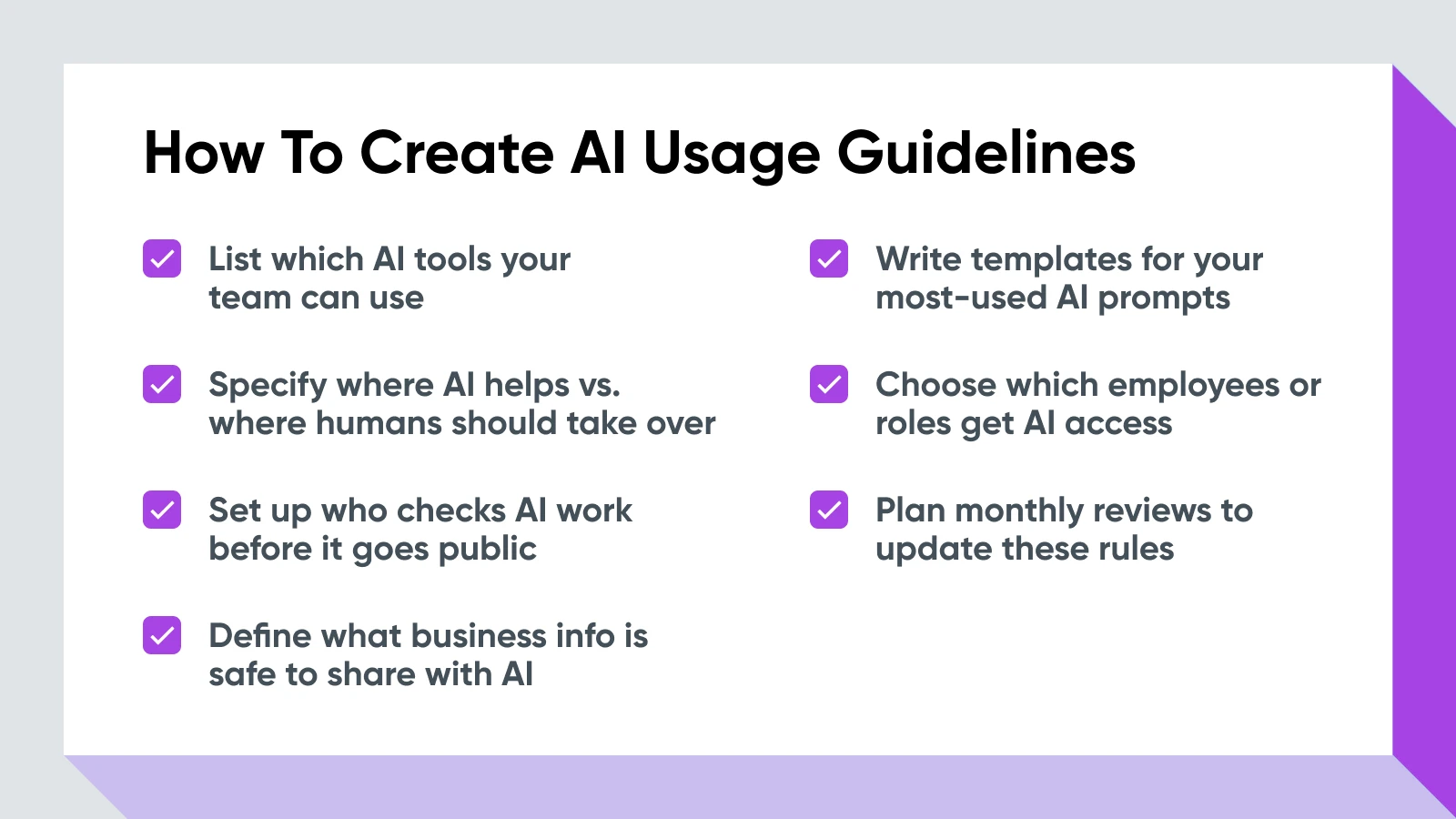 Checklist outlining 7 key steps for creating comprehensive AI usage guidelines in workplace settings