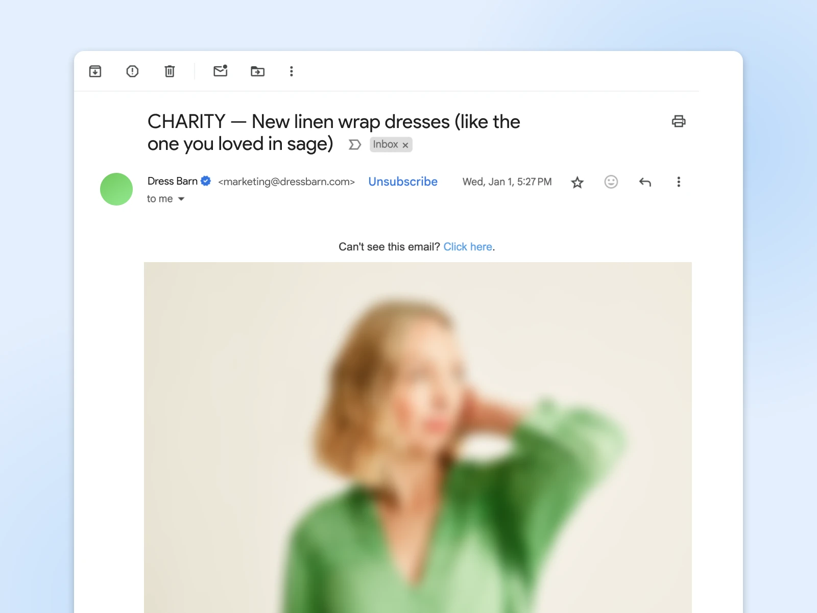 Marketing email from Dress Barn promoting linen wrap dresses with blurred product image background