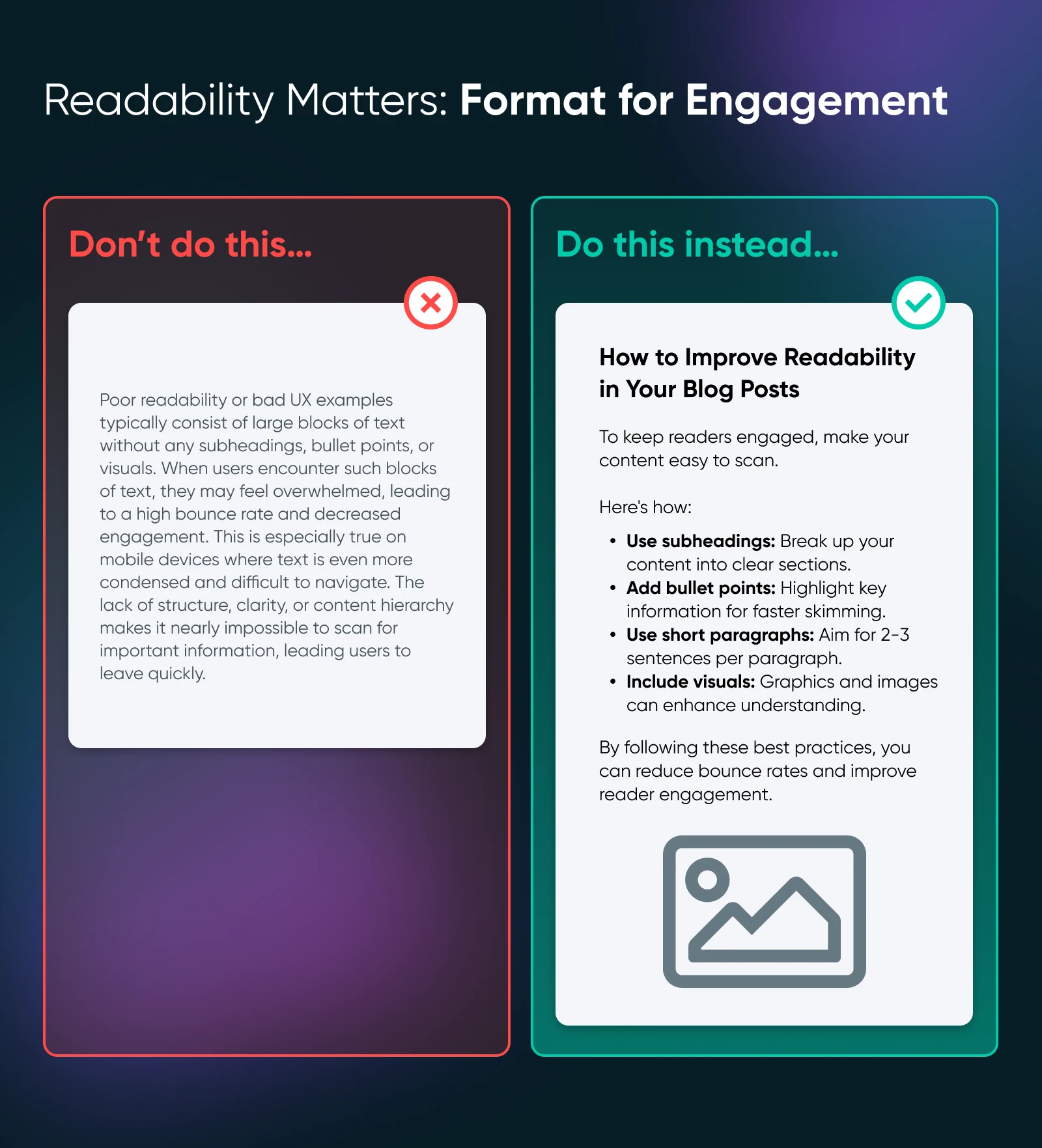 Side-by-side comparison showing proper content formatting: left shows a dense text block labeled "Don't do this" while right shows structured content with headings, bullets, and visuals labeled "Do this instead"