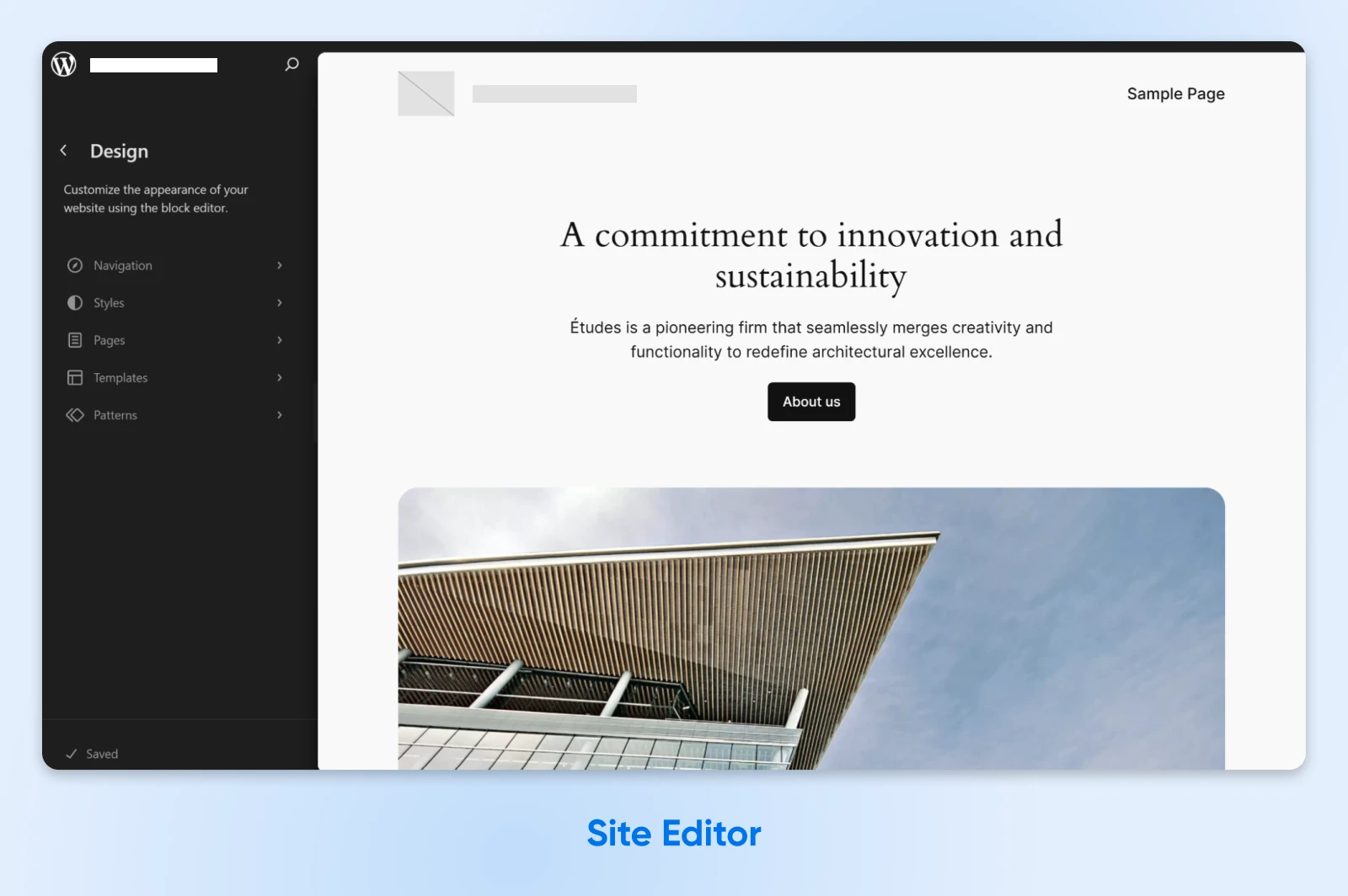 WordPress Site Editor interface showing a sample architecture firm page with a dark sidebar menu for design customization and block editing tools