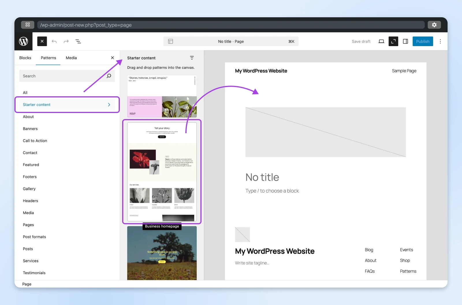 WordPress page editor showing starter content templates and patterns menu, with preview of selected homepage layout