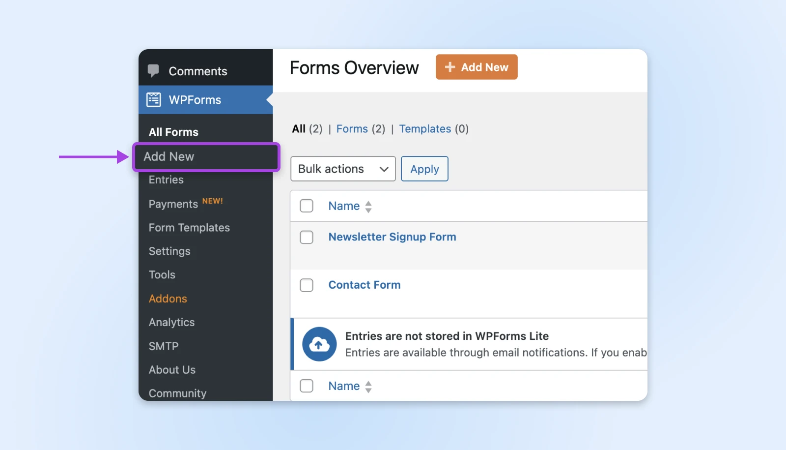 WPForms dashboard showing two existing forms - Newsletter Signup and Contact Form - with an Add New option highlighted in the sidebar