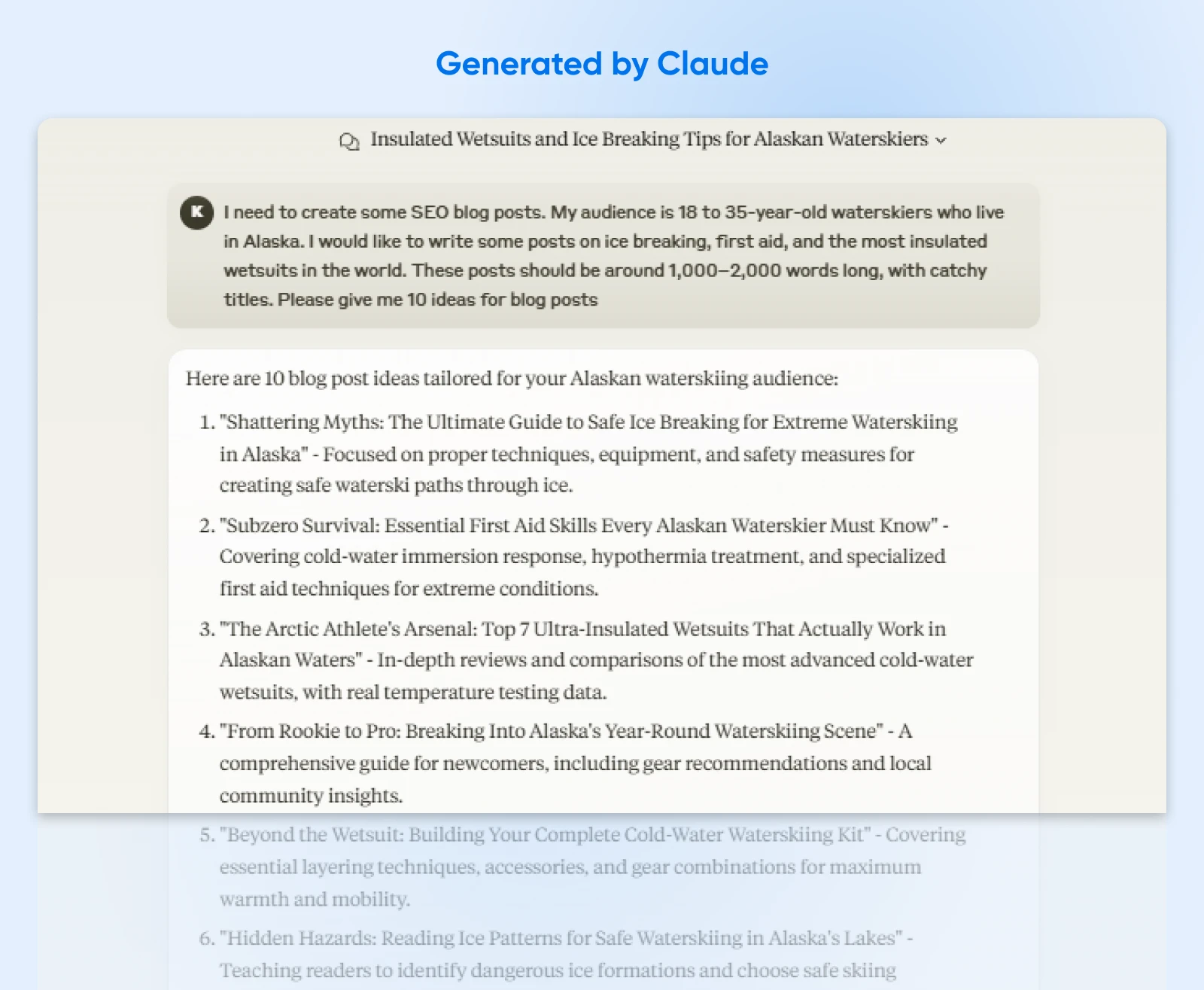 Screenshot of Claude AI generating blog post ideas about waterskiing in Alaska, showing a prompt and 6 detailed article suggestions
