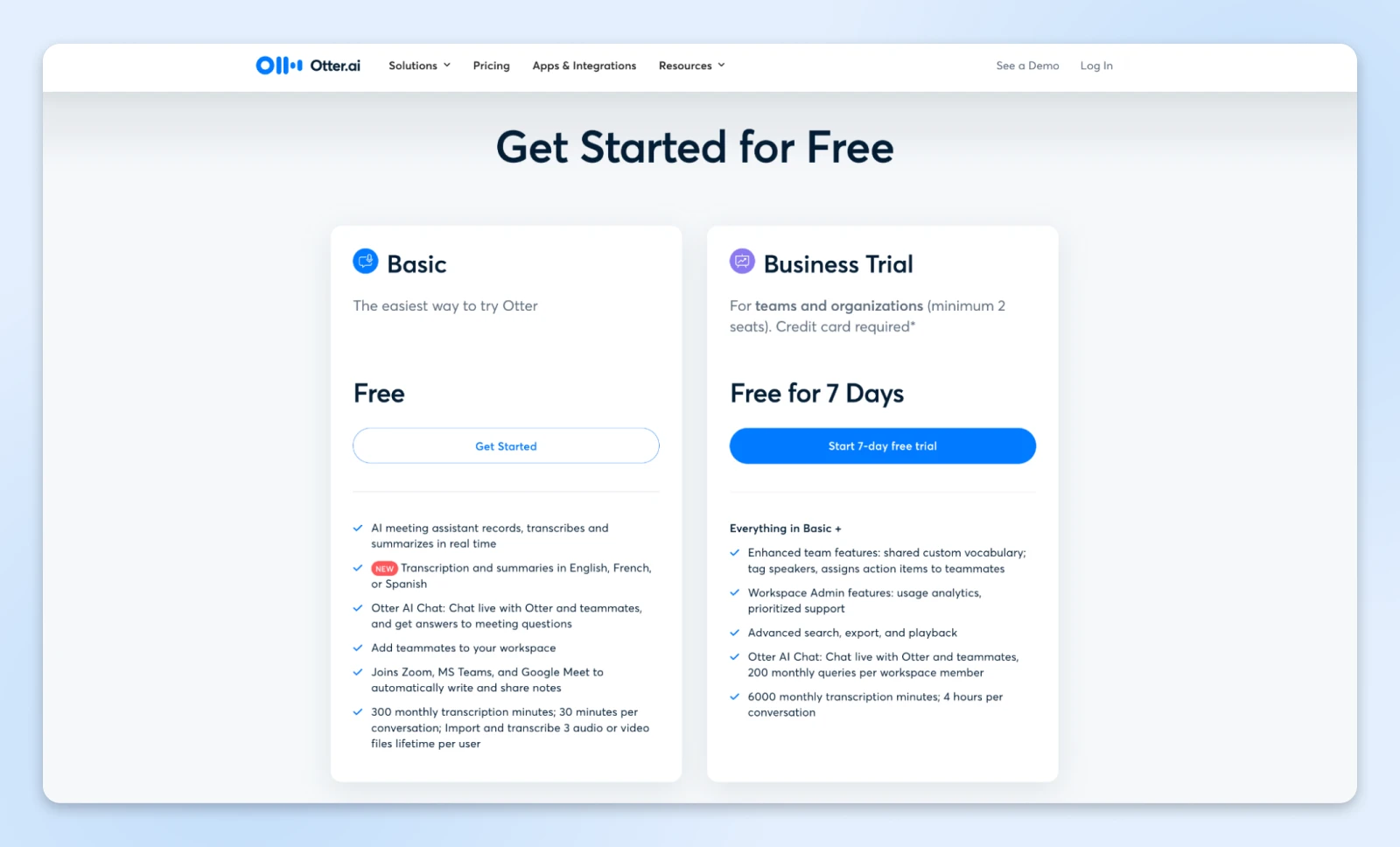 Pricing page showing Otter.ai's Basic free plan and 7-day Business Trial with AI meeting features