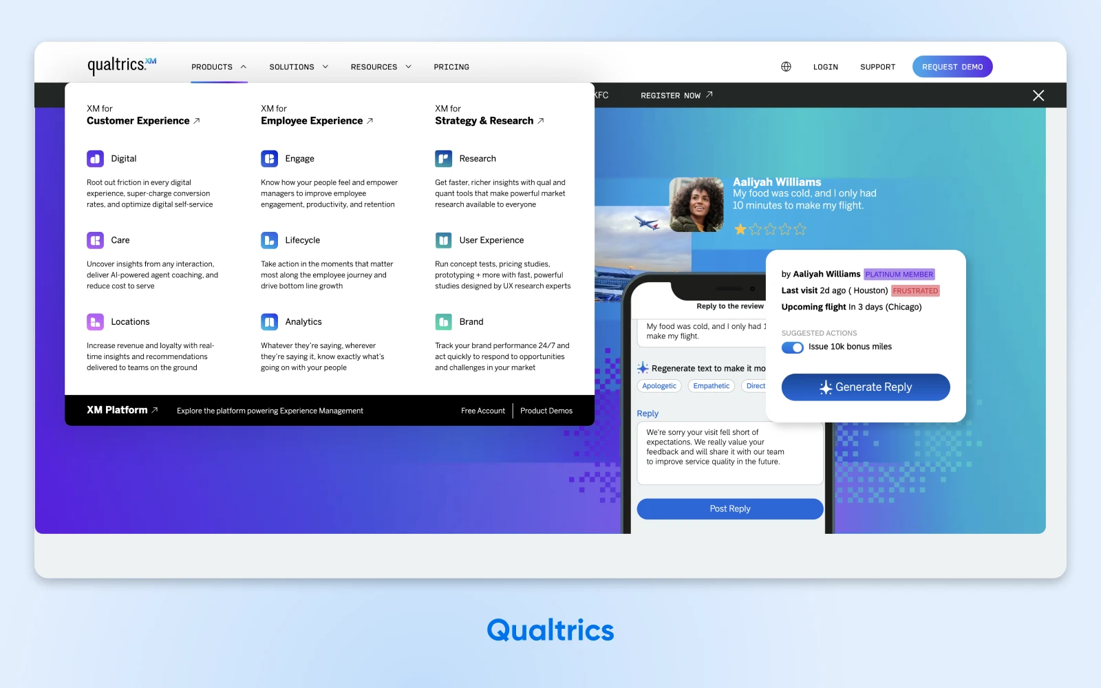 Screenshot of Qualtrics website showing product grid menu and a chatbot conversation interface