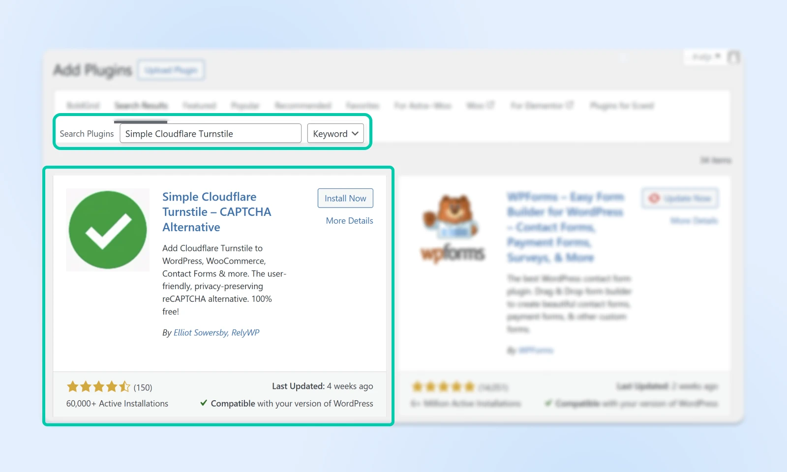 screenshot of search plugins tet box fill "Simple Cloudflare Turnstile" filled in and the resulting plugin underneath