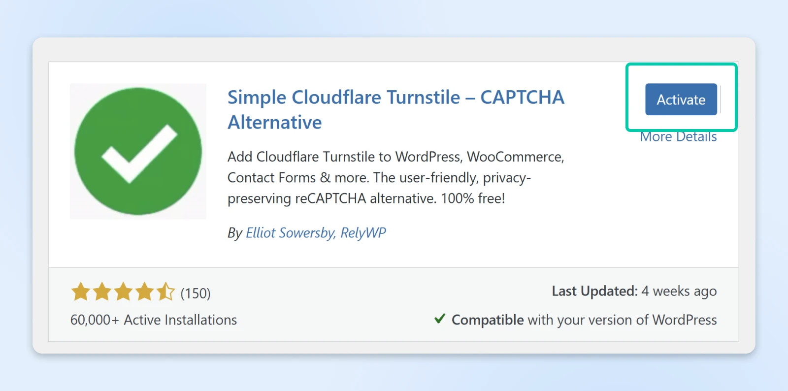 screenshot closeup of the Simple Cloudflare Turnstile plugin with a box around the "Activate" button in the upper right