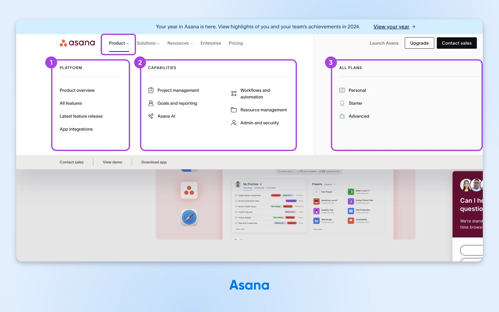 Screenshot of Asana's website navigation showing three column menu: Platform overview, Capabilities with project tools, and All Plans pricing tiers