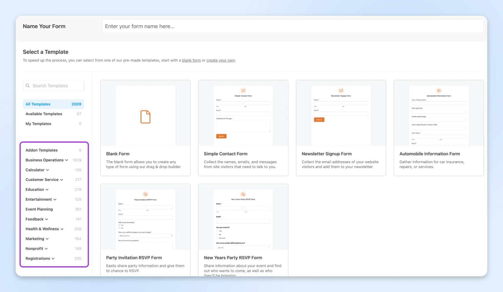 WPForms template selection screen showing blank form, contact form, and event RSVP options with category sidebar