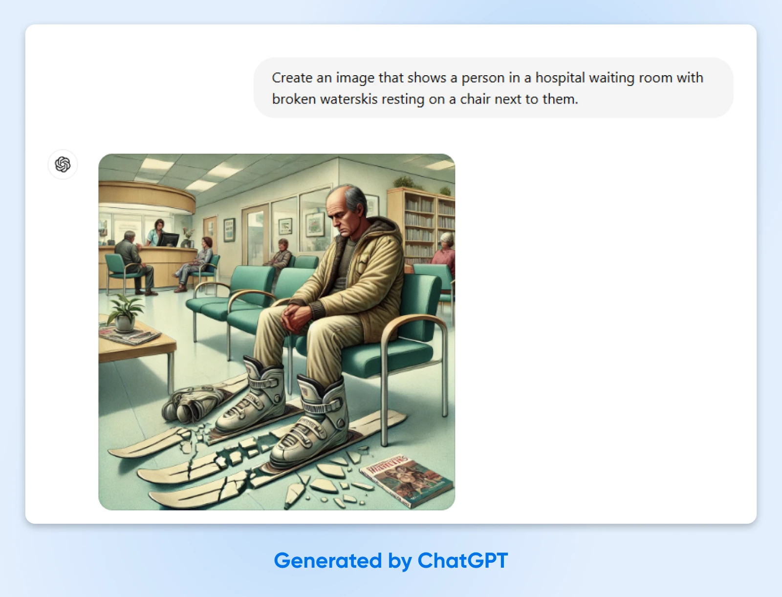 AI-generated illustration of downcast person in hospital waiting room, damaged skis at their feet, capturing aftermath of skiing accident