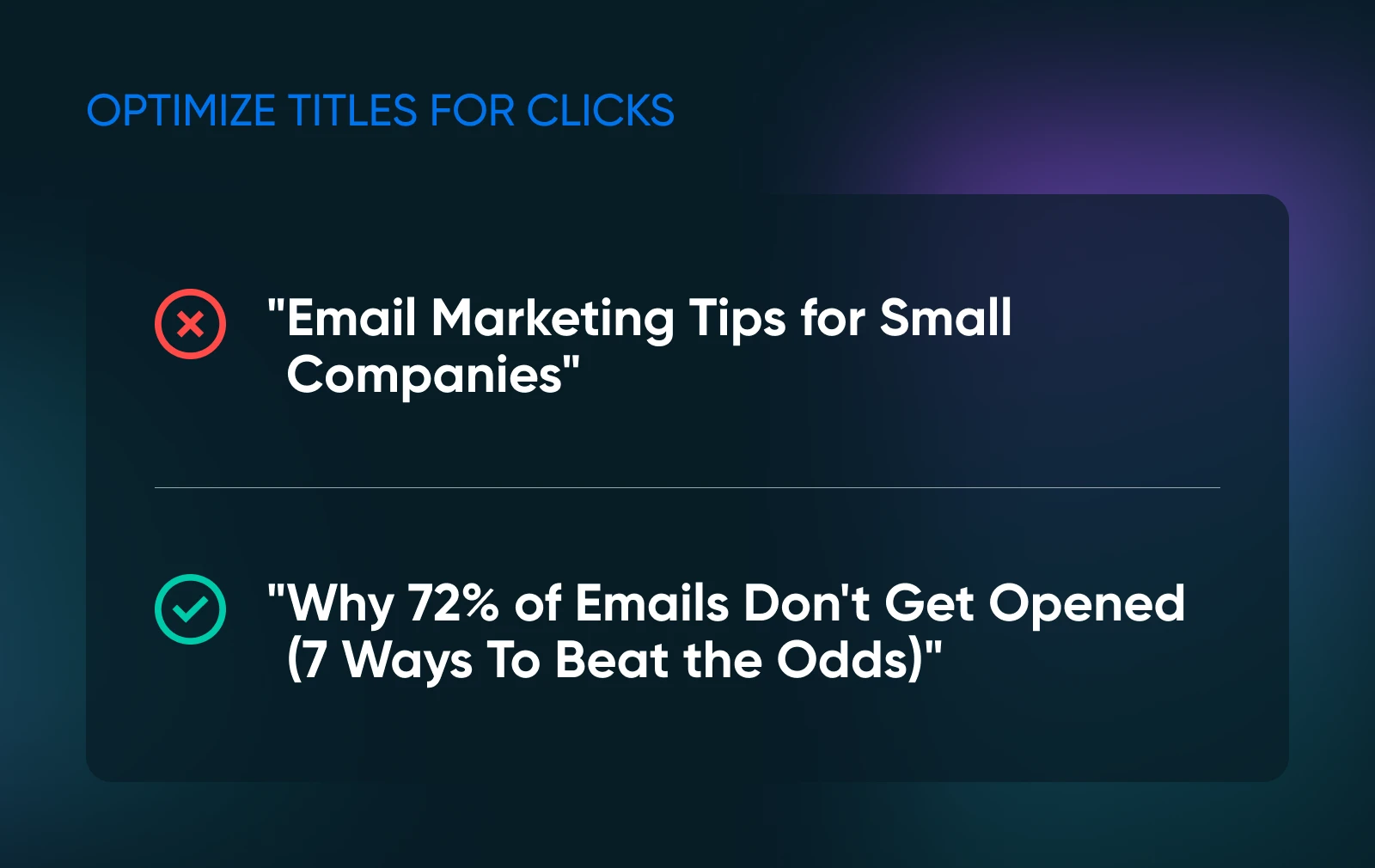 Comparison of two email marketing titles, showing a basic title marked with X versus an optimized title with specific statistics and solution-focused language marked with a checkmark