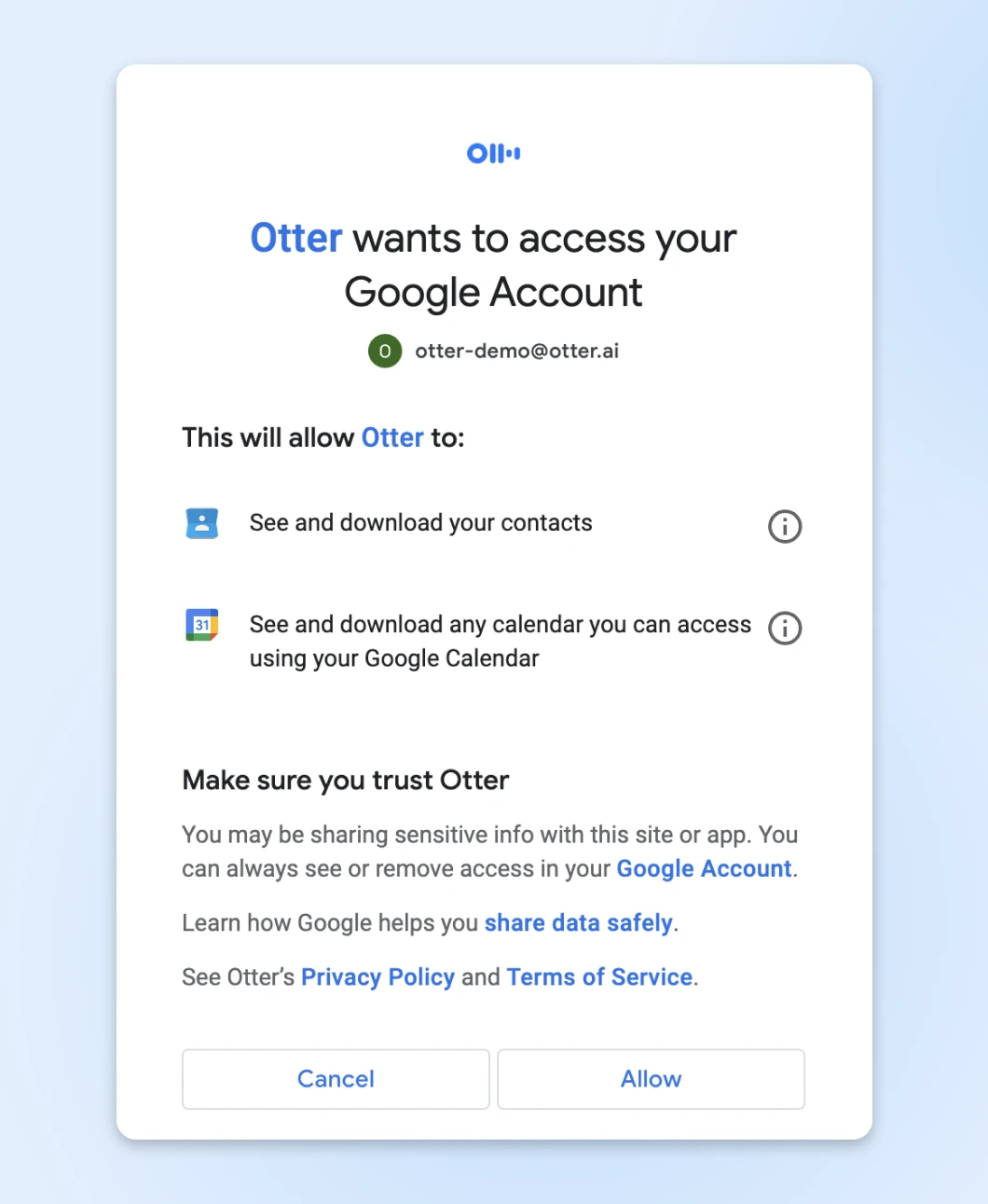 Google account permissions dialog showing Otter.ai requesting access to contacts and calendar data