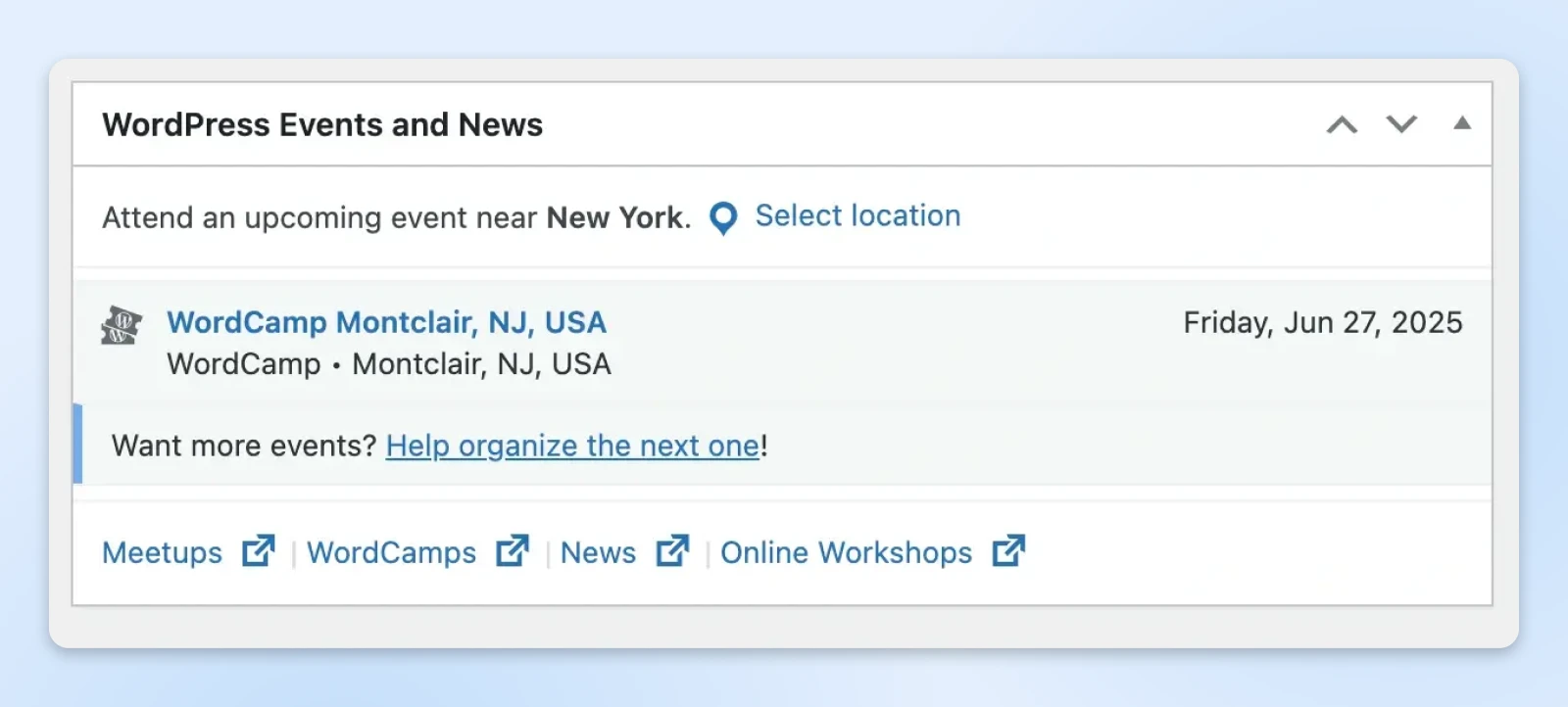 WordPress events dashboard showing WordCamp Montclair 2025 and links to other community activities including meetups and workshops