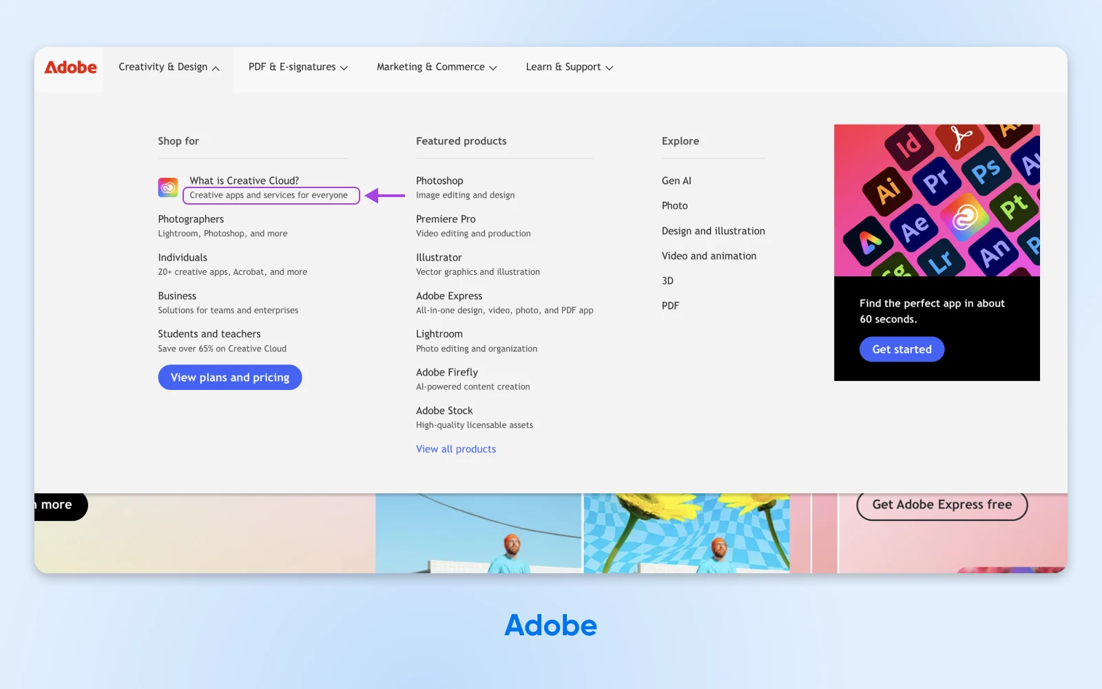 Screenshot of Adobe website navigation showing product menu with Creative Cloud section highlighted, featured products list, and promotional banner for Adobe Express