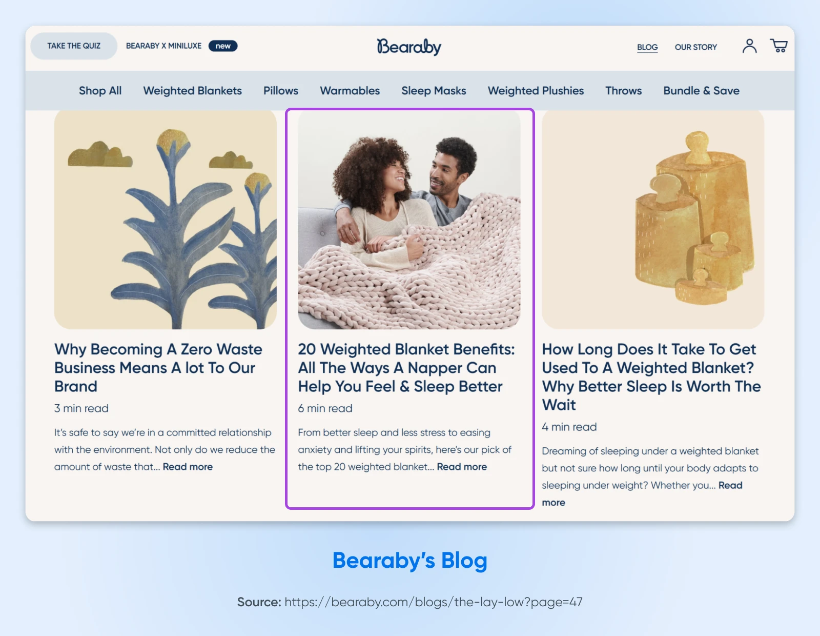 Blog page showcasing three articles about weighted blankets and sustainability, with navigation menu and product categories across the top