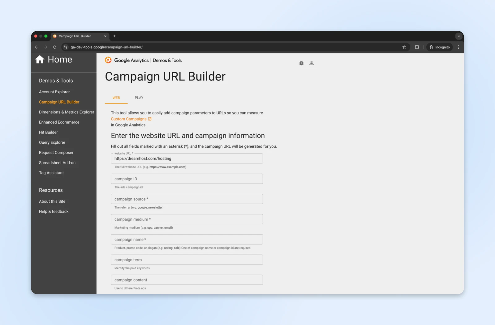 Screenshot of Google Analytics' Campaign URL Builder tool interface showing form fields for creating trackable campaign URLs