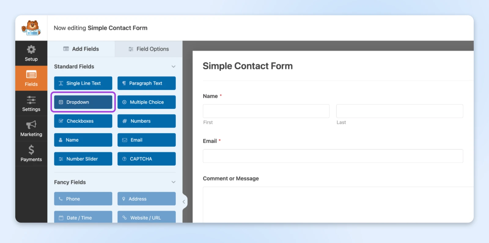 WPForms editor interface showing standard form field options and a simple contact form with name, email, and message fields