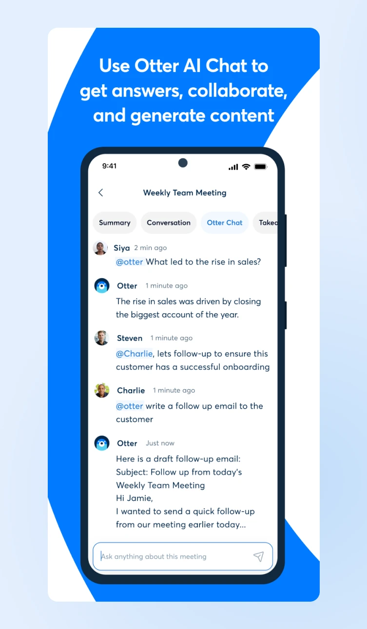Otter AI mobile interface showing chat feature during team meeting with AI assistant drafting follow-up email