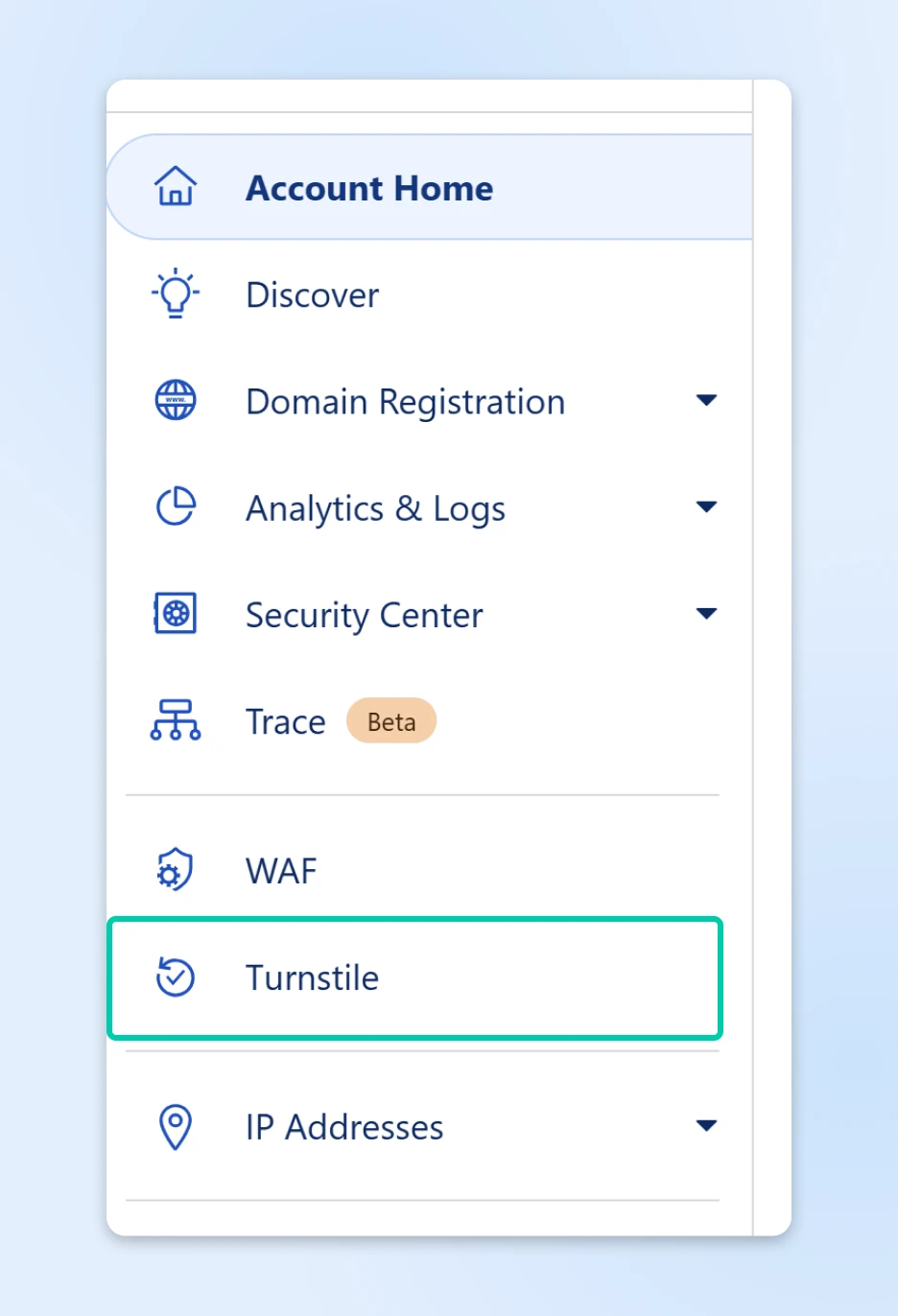 Lefthand navigation for Cloudflare Turnstile Dashboard with a box around the Turnstile option