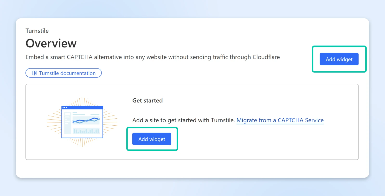 Close-up screenshot of the Turnstile overview with attention to two places with an "Add widget" button 