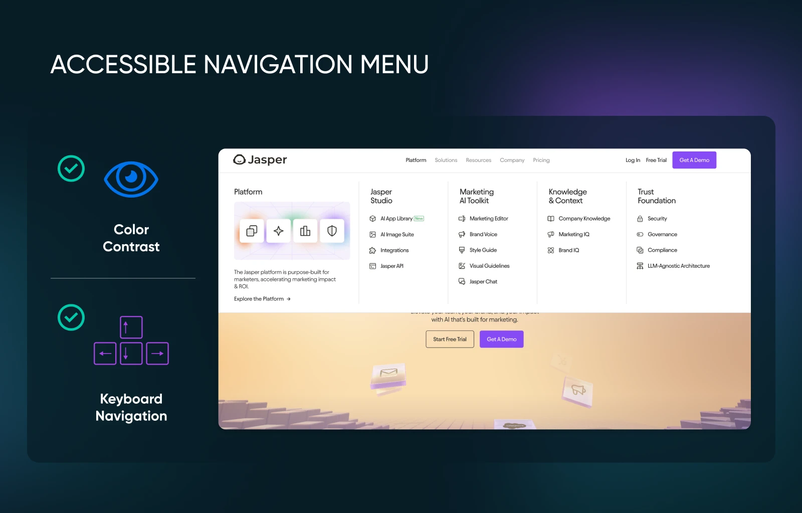 Screenshot demonstrating accessible website navigation with two key features highlighted: color contrast options and keyboard navigation controls alongside a menu interface