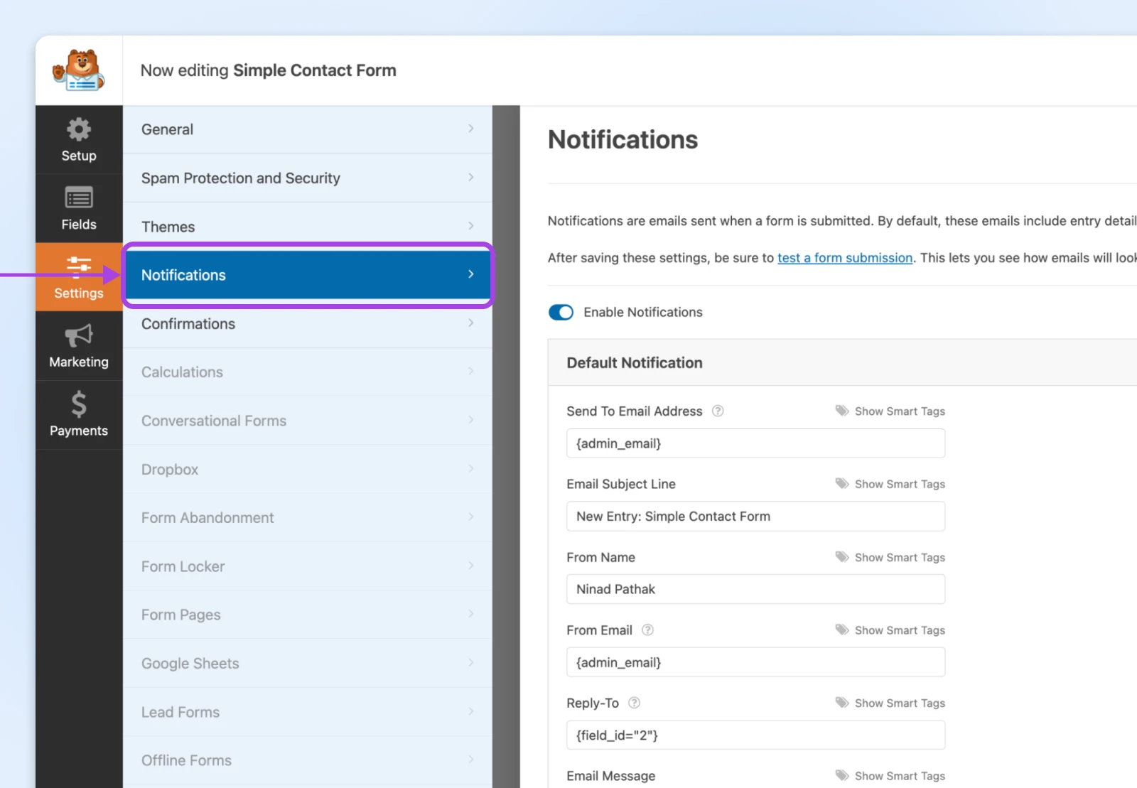 WPForms notification settings panel showing email configuration options with sender details and smart tags