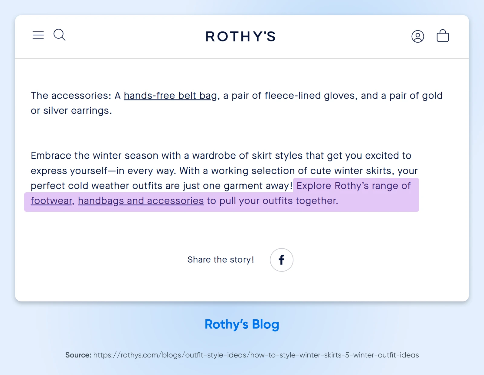 Blog post excerpt describing winter skirt styling with links to accessories and footwear categories, featuring Rothy's website header and navigation