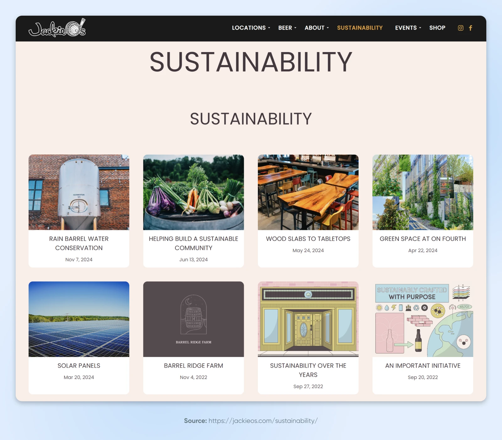 Blog grid layout showing 8 sustainability initiative posts with titles and dates, featuring images of solar panels, gardens, and eco-projects